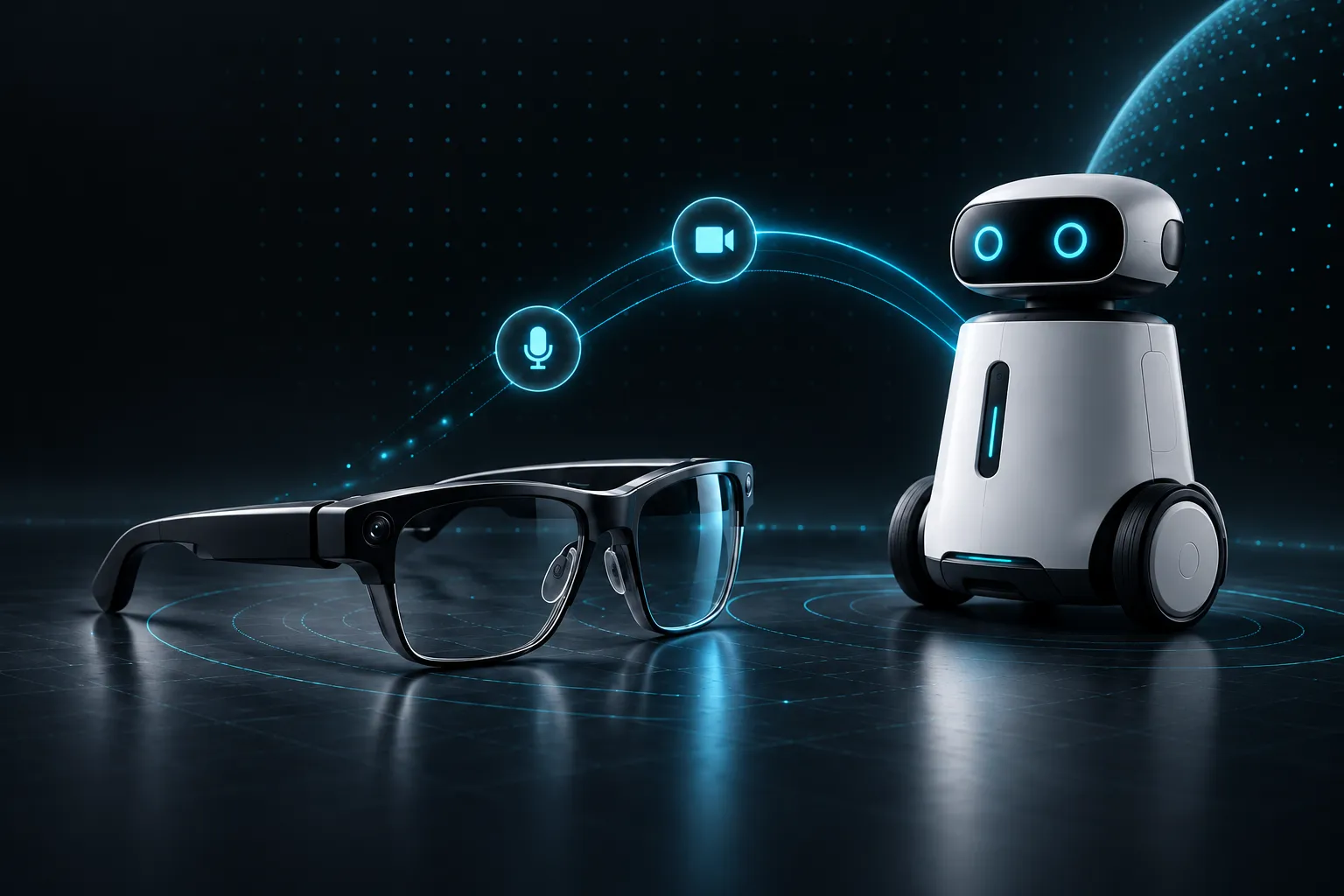 Black smart glasses and a white robot connected by cyan voice and video signals